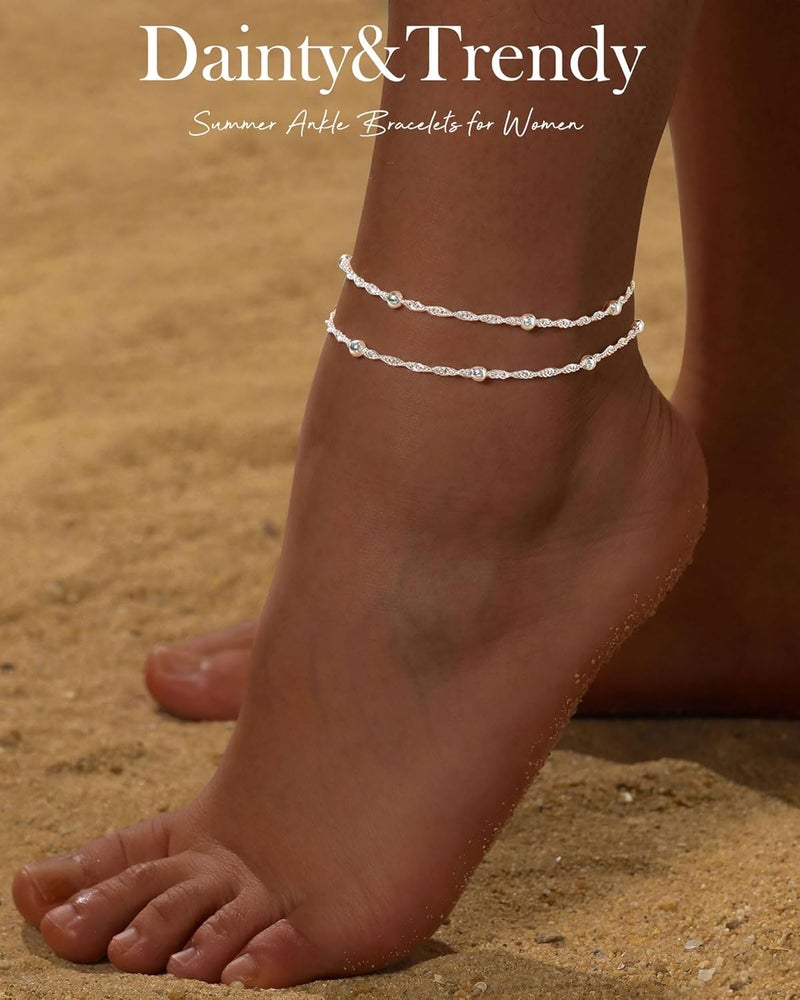 FUNEIA Gold Silver Ankle Bracelets for Women Waterproof 14K Gold Plated Anklets for Women Non Tarnish Dainty Layered Beaded Heart Anklet Set Summer Beach Foot Chain Jewelry Gifts Trendy Stuff - Image 1